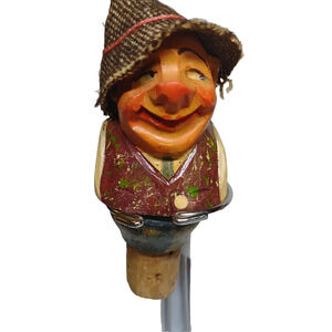 European Man In Cloth Fabric Hat Bottle Stopper Vintage Cork Barware Quirky Cute